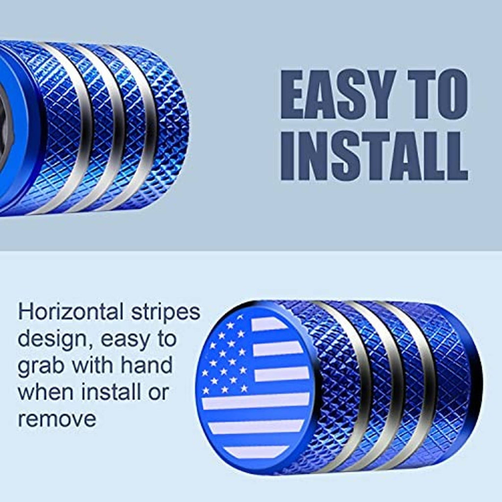 Blue ribbed tire valve stem cap cover with American flag circular face, striped grip
