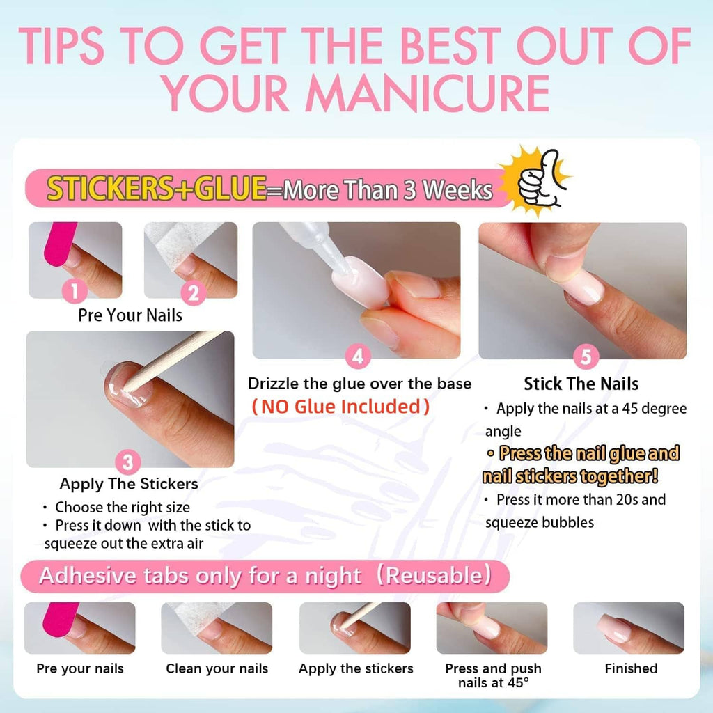 Teal blue chrome square press-on nails on fingers with application steps poster.