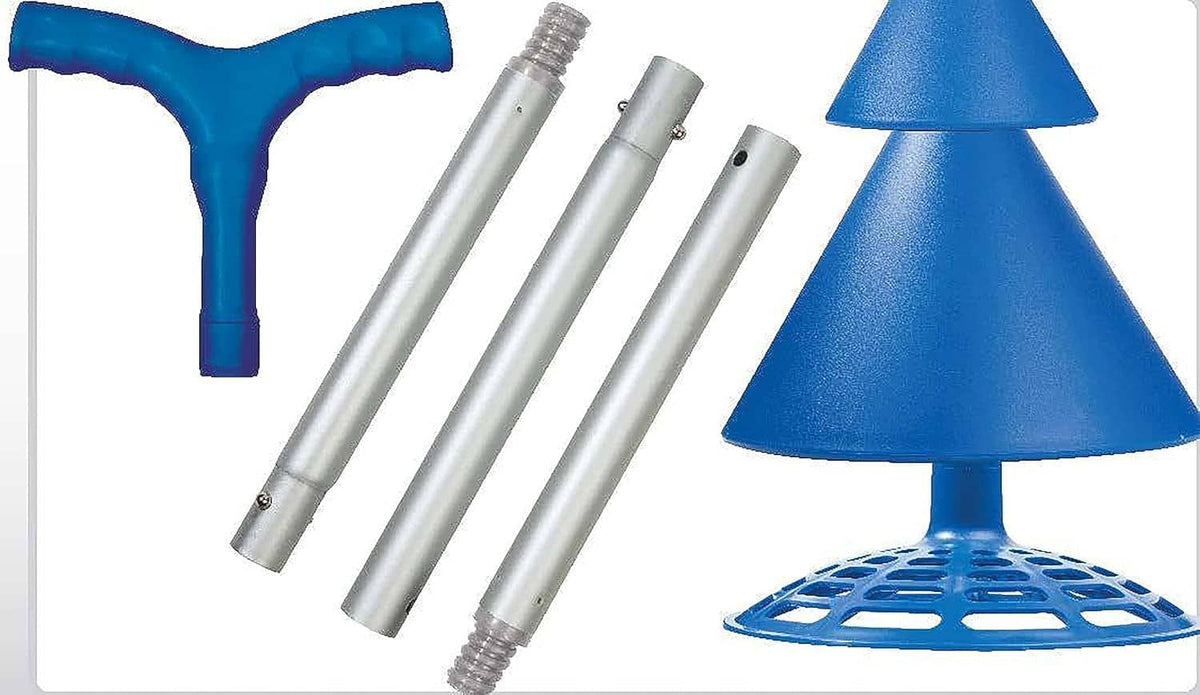 Portable hand washer kit: blue handle T-piece, white poles, and blue cone base