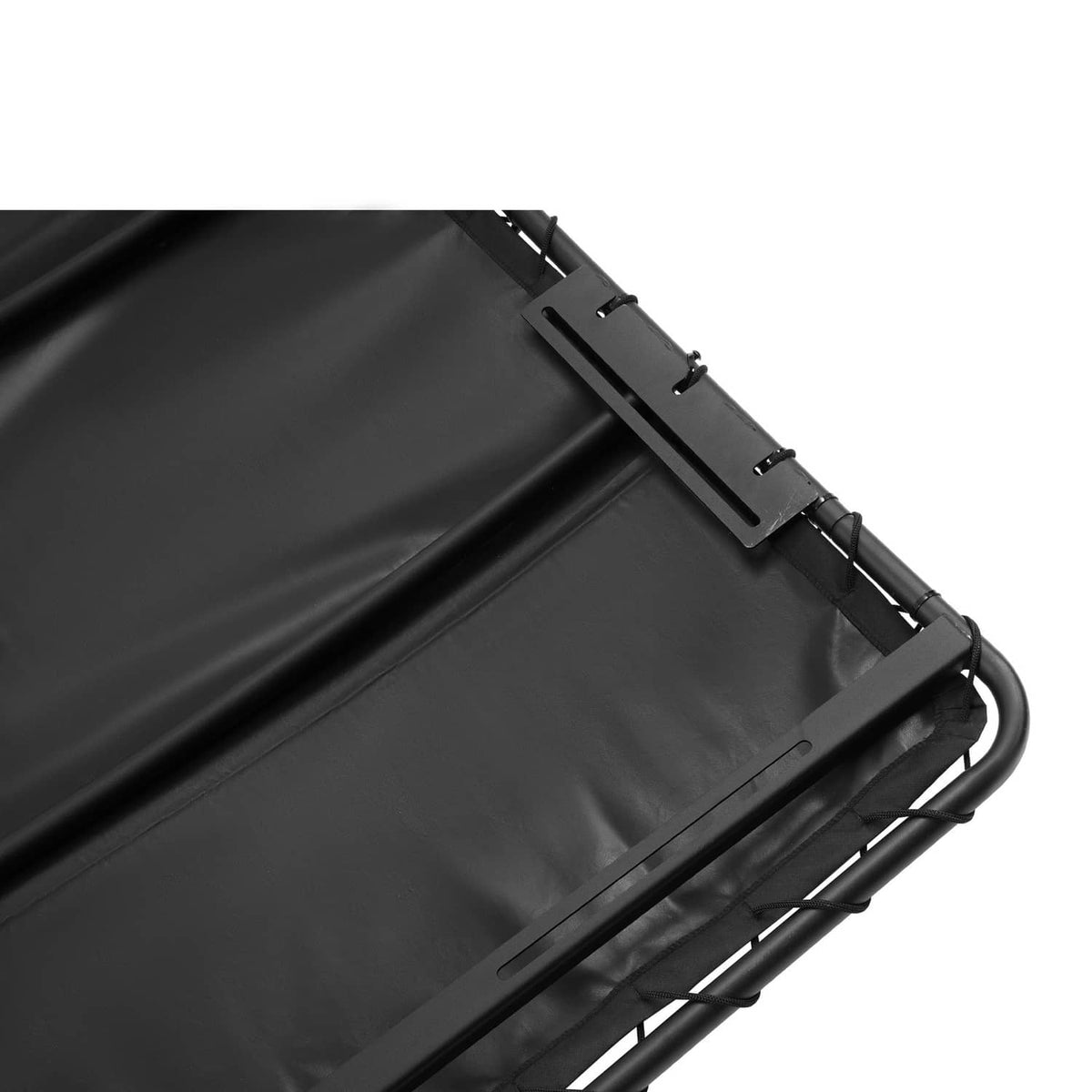 Close-up of black canopy attachment straps and metal support frame bracket.