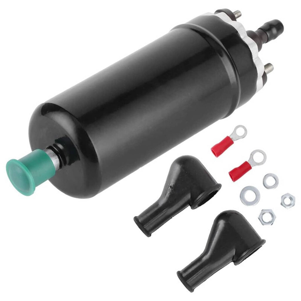 Inline electric fuel pump with black body, green inlet, and included mounting hardware