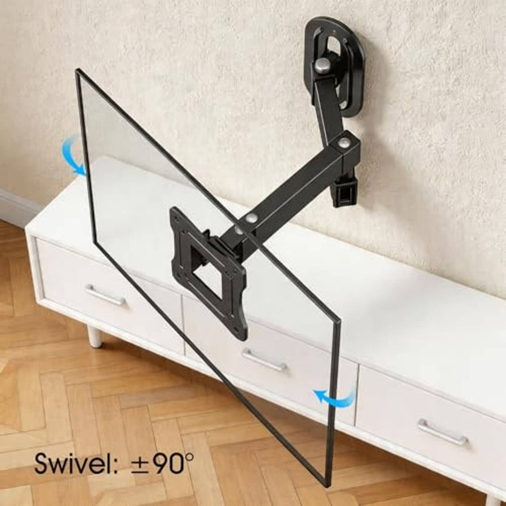 Full motion TV wall mount installed on wall with extendable swivel arm, black