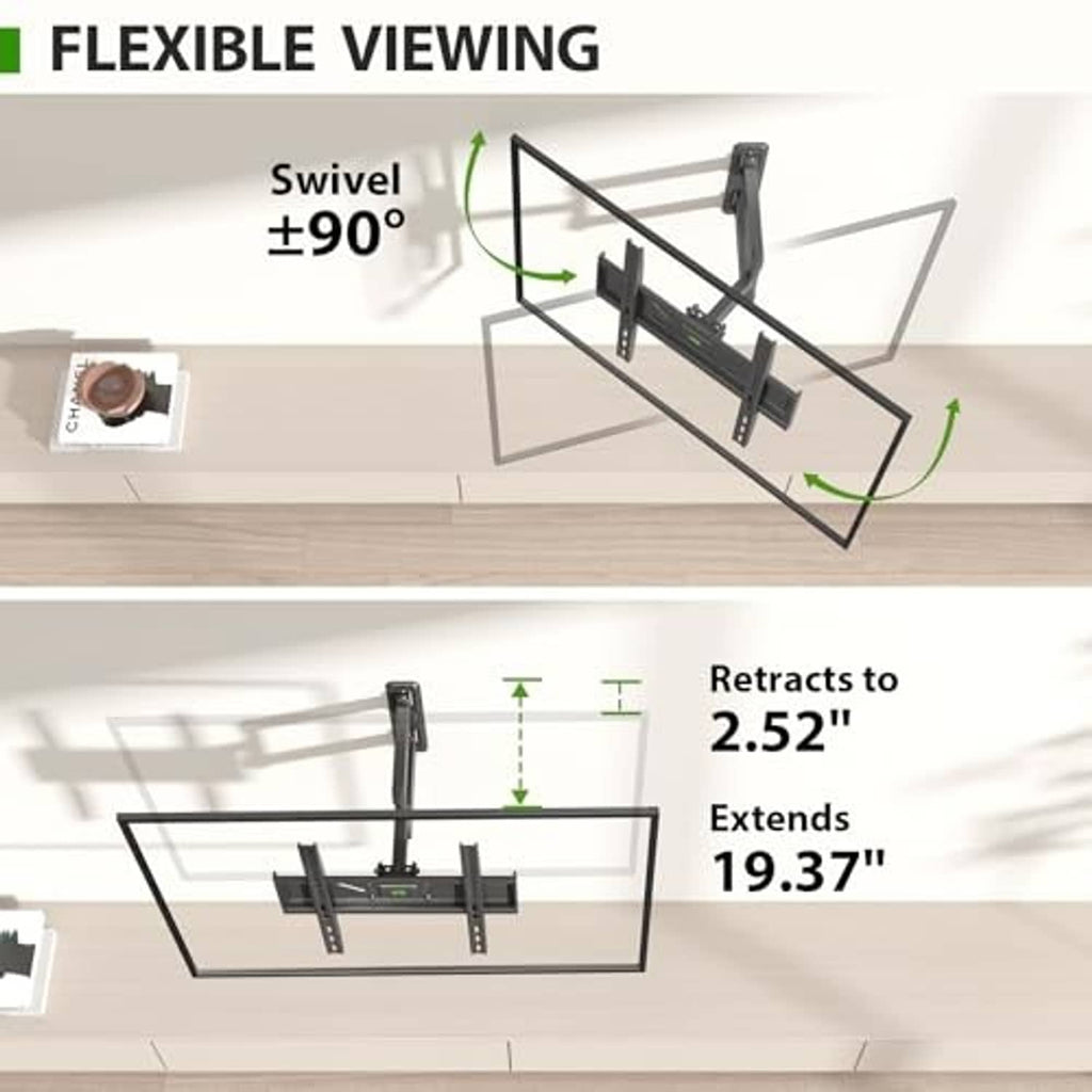 Black swivel TV wall mount showing flexible viewing range and retraction