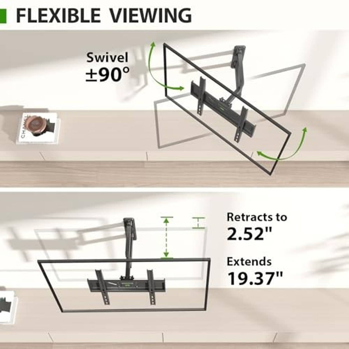 Black swivel TV wall mount showing flexible viewing range and retraction