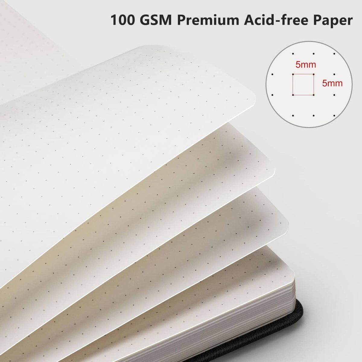 Close-up of dotted notebook pages with premium acid-free paper thickness
