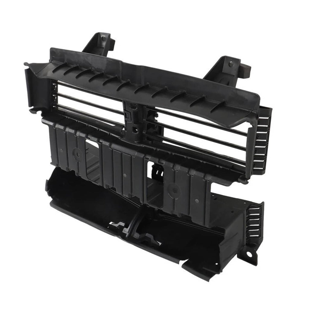 Black radiator shutter control assembly, angled side view with slats and snap tabs