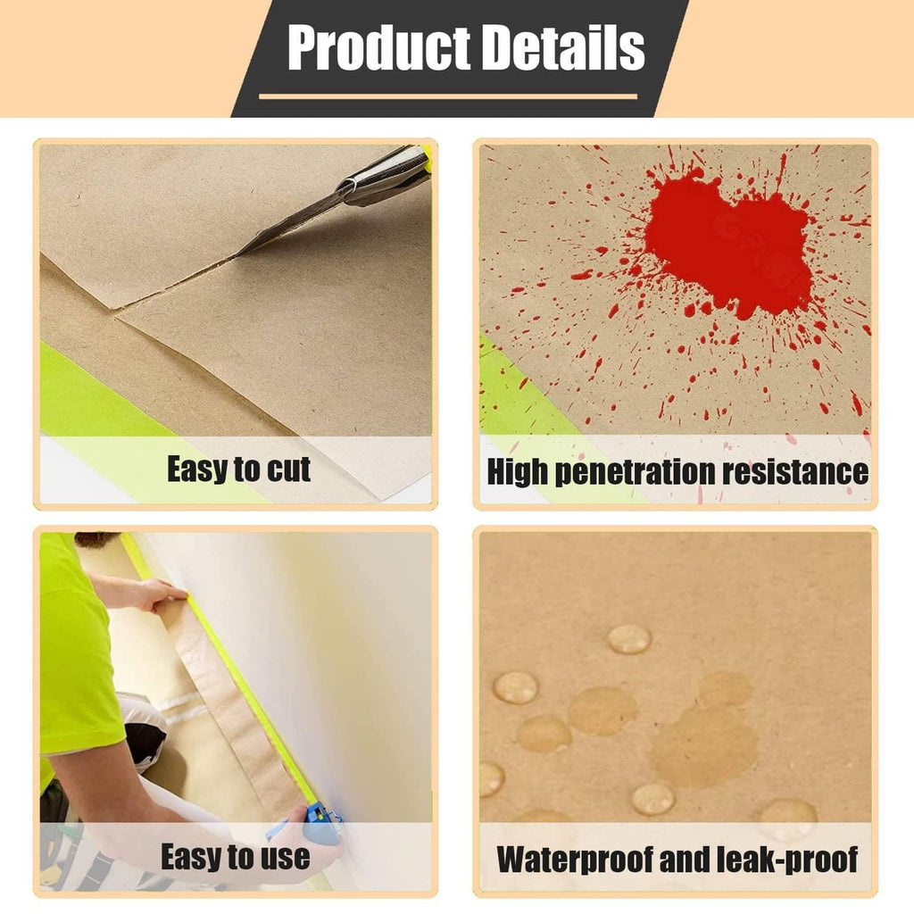 Masking tape and drape details showing easy cutting and waterproof leak resistance