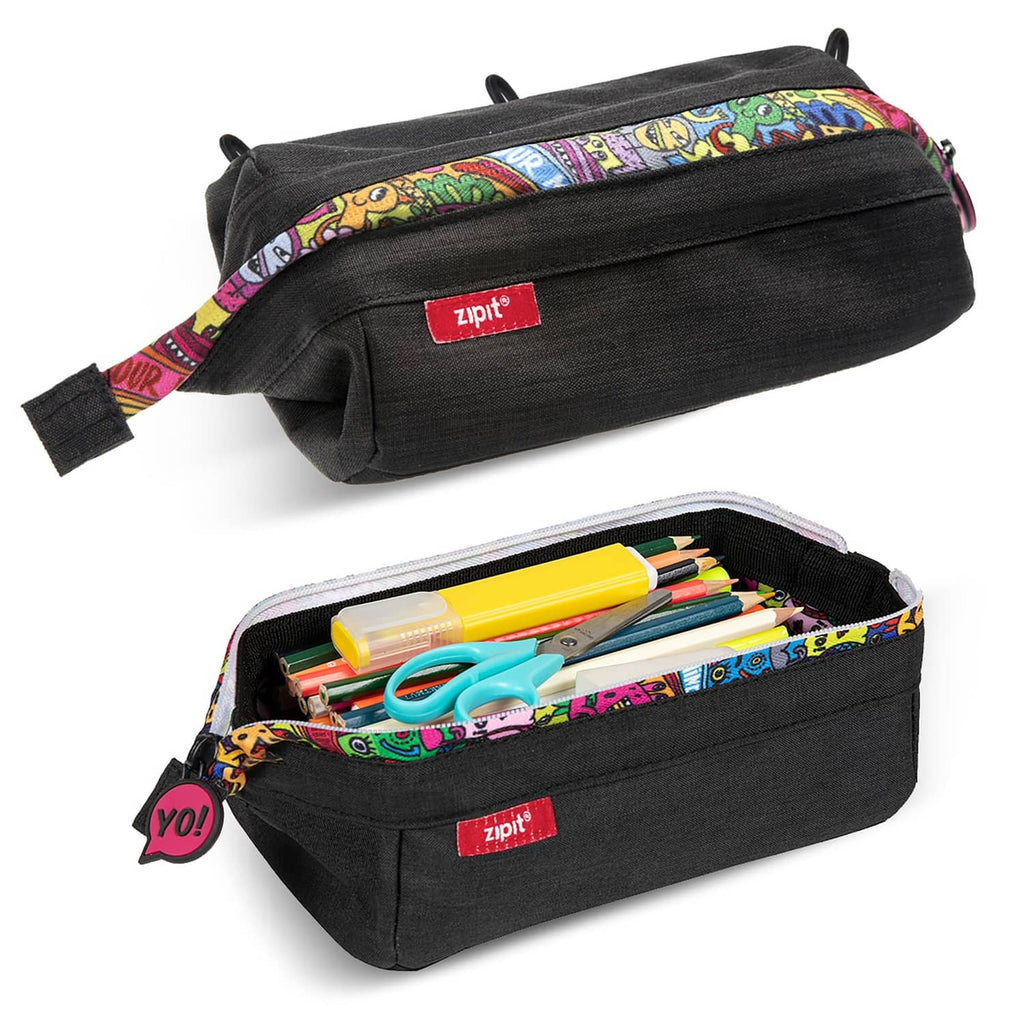 Black ZIPIT pencil case with colorful doodle zipper panel and top carrying loop