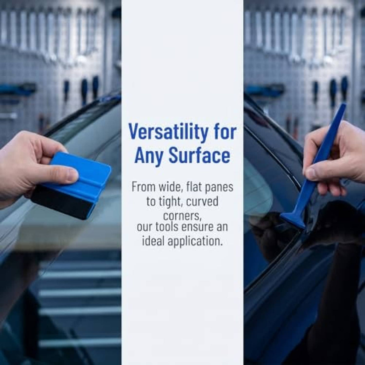 Car window tint kit use: hands applying vinyl with blue felt squeegee and trim knife