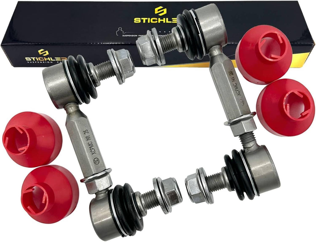 Adjustable heavy-duty sway bar end link kit with red bushings and silver metal links