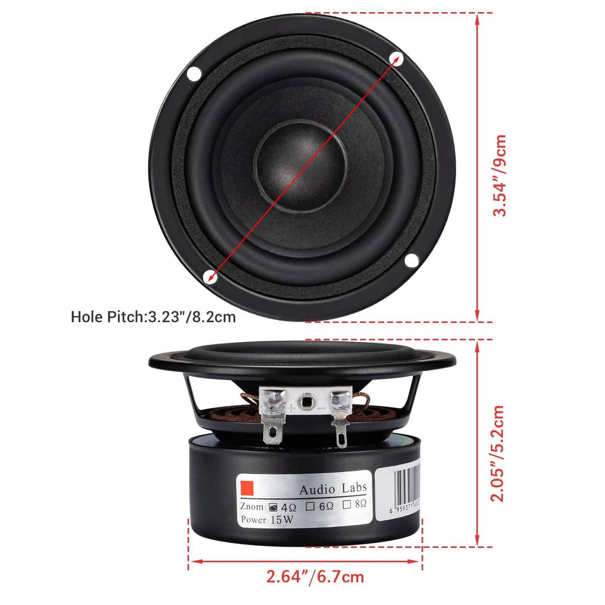 Black 3-inch speaker woofer with dimension lines and mounting frame