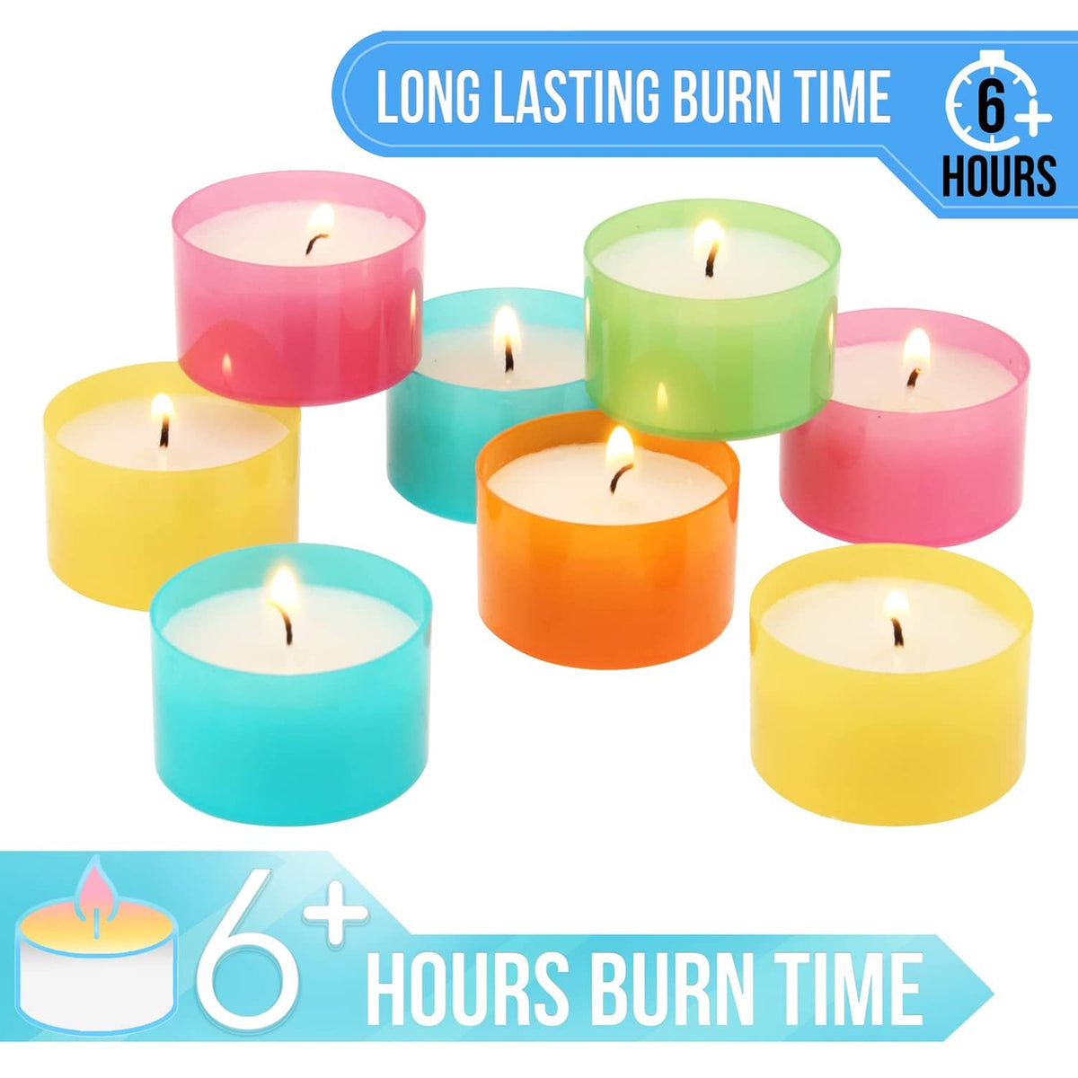 Assorted color tea light candles with lit wicks, multi-pack of brightly colored cups.