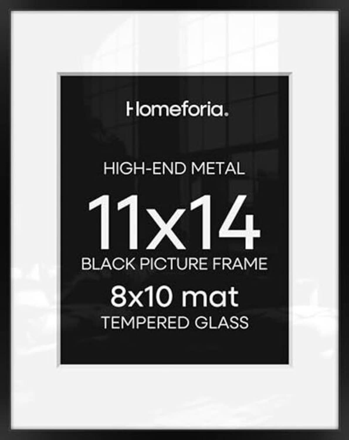 Black metal picture frame with 11x14 opening, showing black backing and print insert