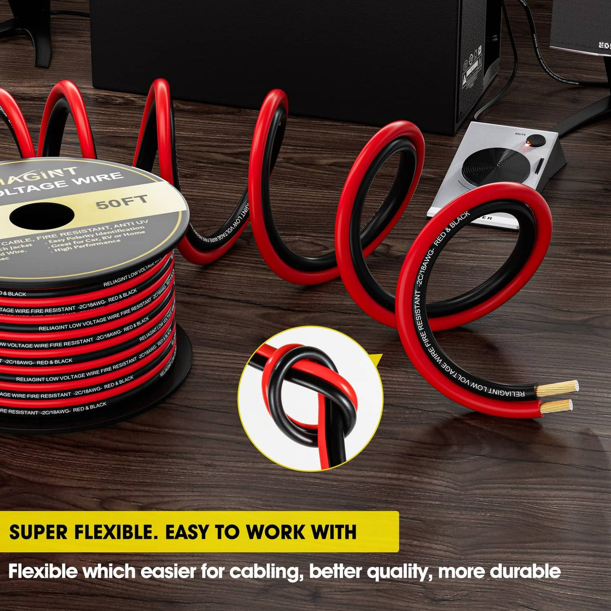 Red and black low-voltage wire coils with two-conductor cable end