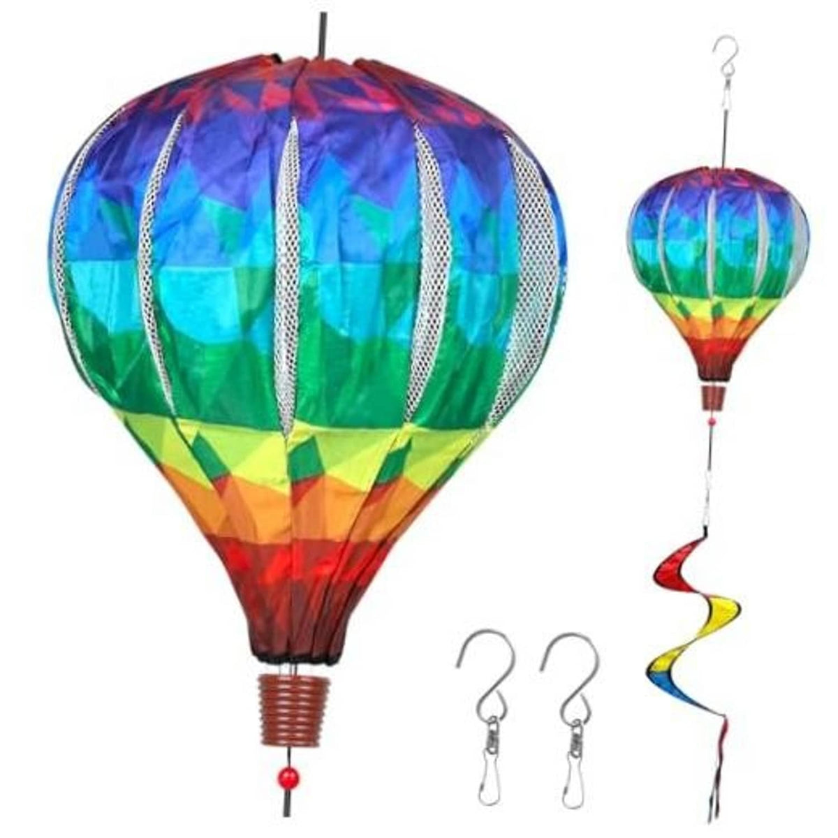 Rainbow hot air balloon wind spinner set with two hanging spiral tails, multicolor