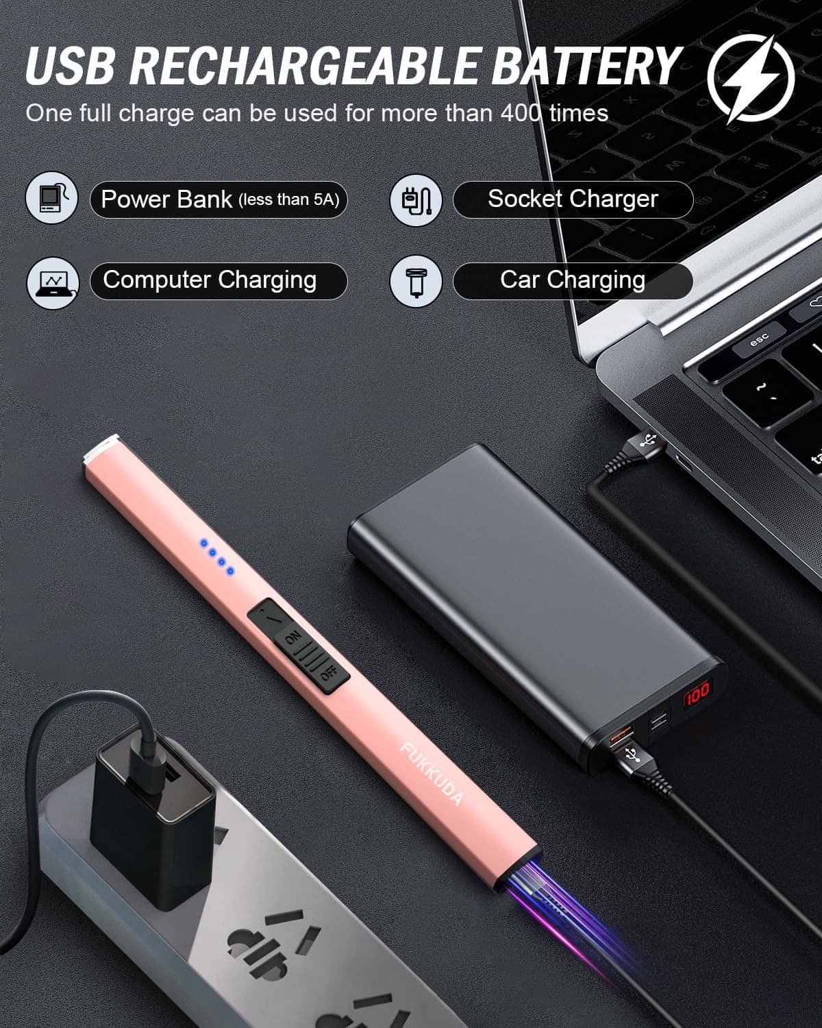 Rose gold USB rechargeable candle lighter with illuminated arc and charge port