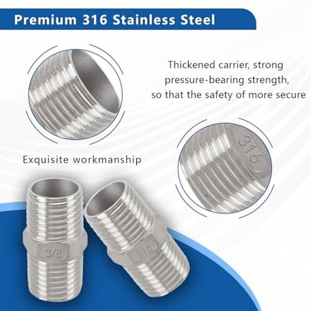 316 stainless steel 3/8 in NPT male-to-male hex nipple adapter with threaded ends