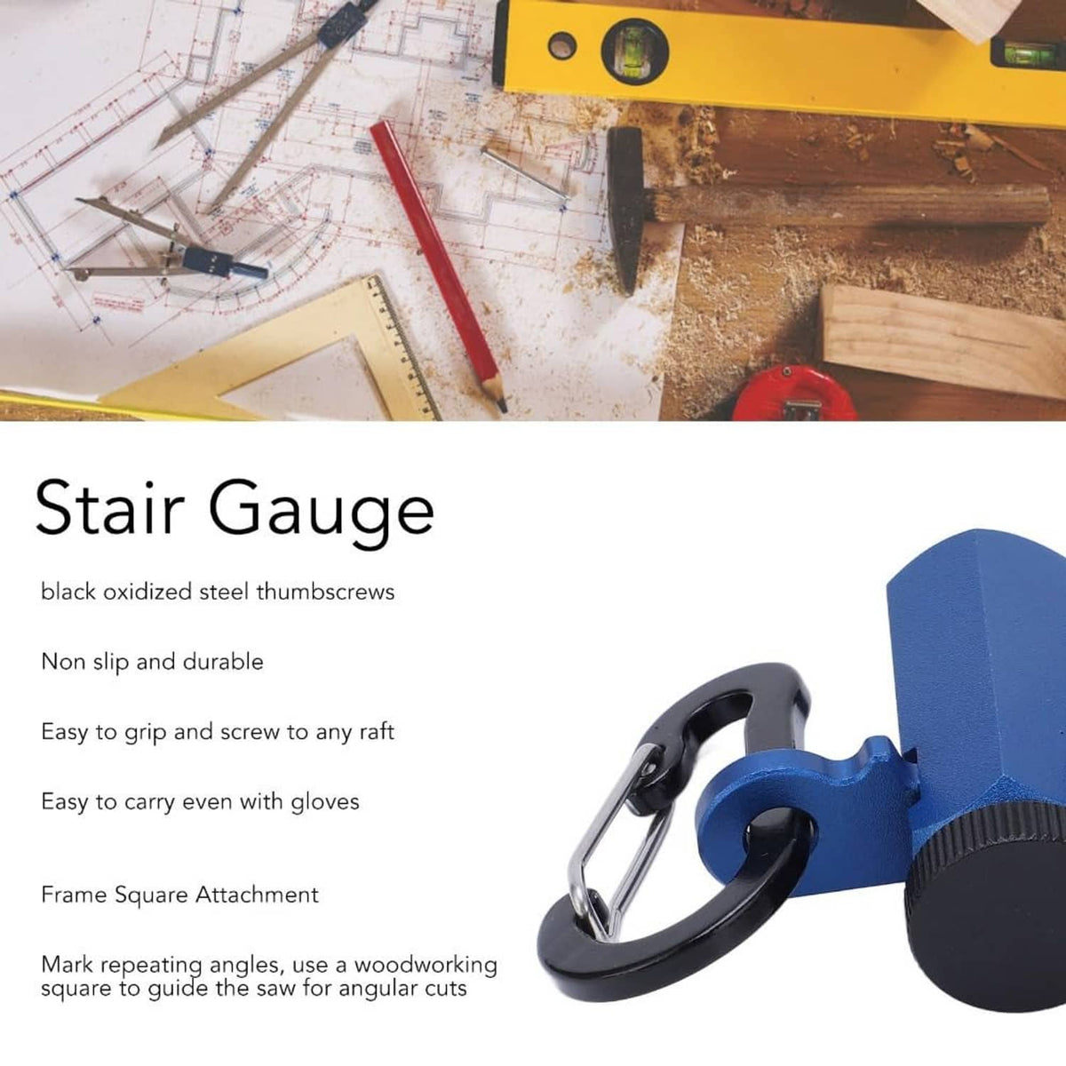 Stair gauge with blue body, black hook clamp, and round knob adjusters
