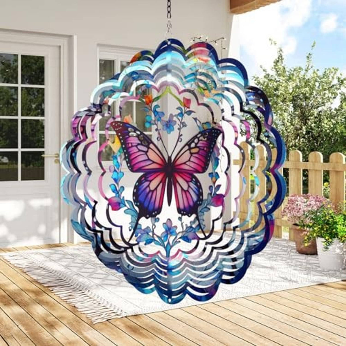 Hanging outdoor butterfly wind spinner with multicolor reflective blades on a chain