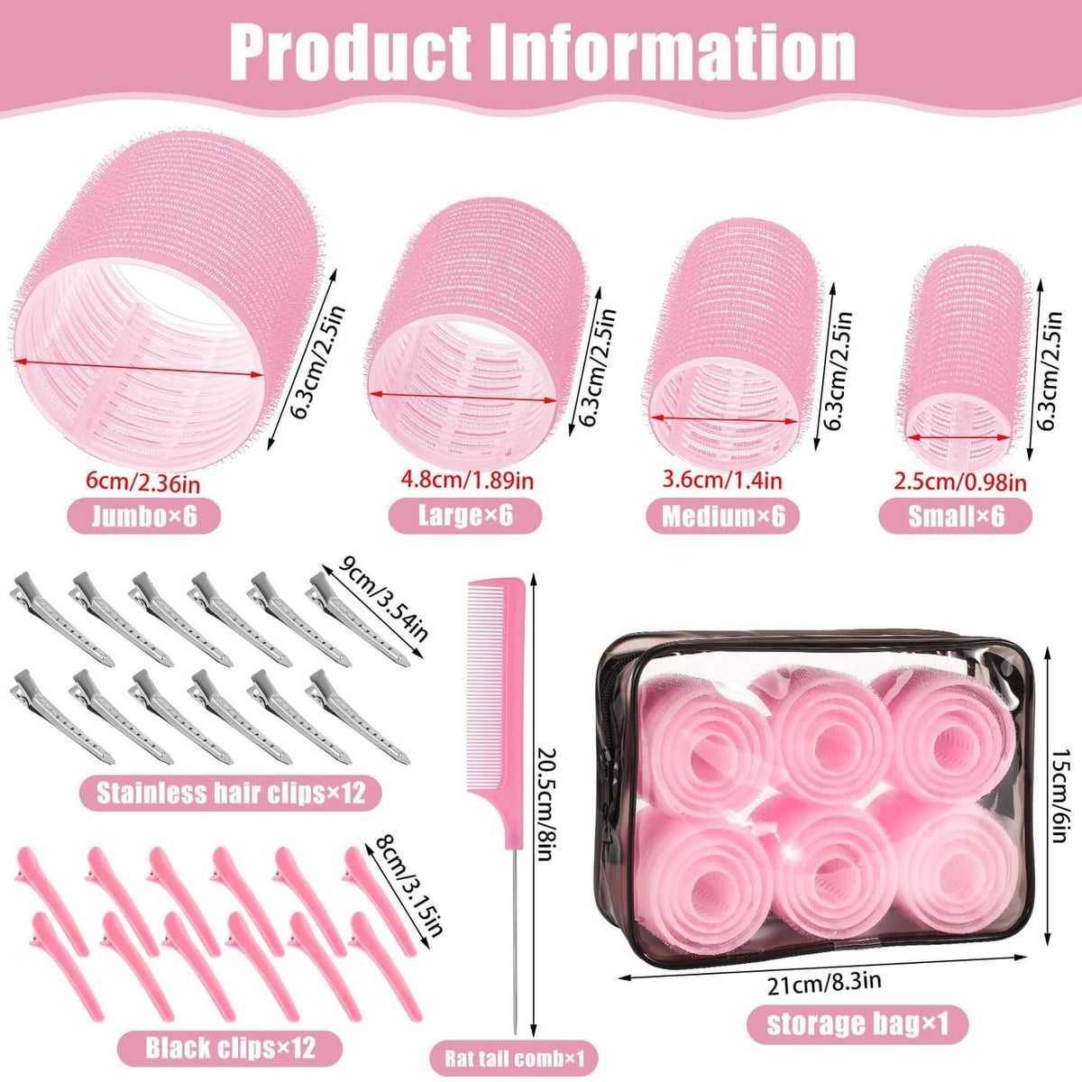 Pink self-grip hair roller set with different sizes, storage bag, and hair clips