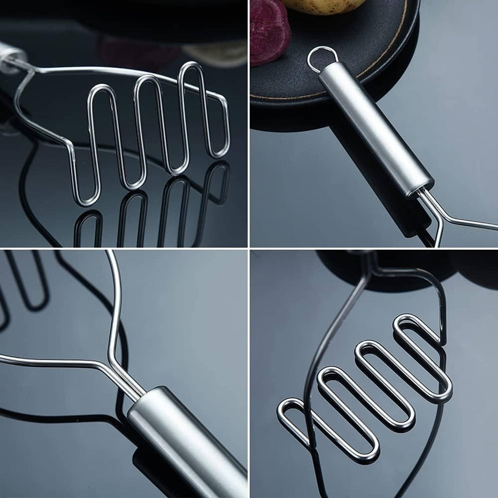 Stainless steel potato masher/ricer head with multiple curved mashing bars