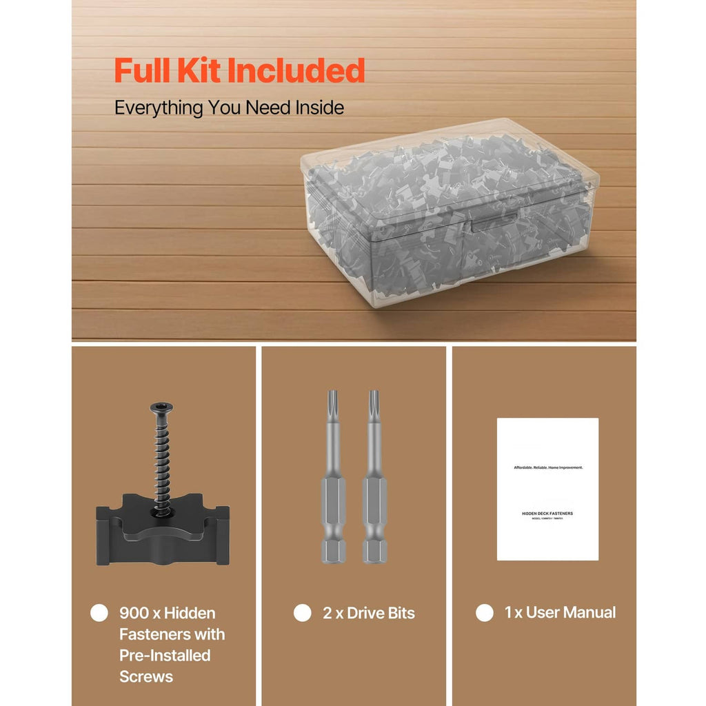 Full kit of 900 black hidden deck fasteners with drive bits and user manual
