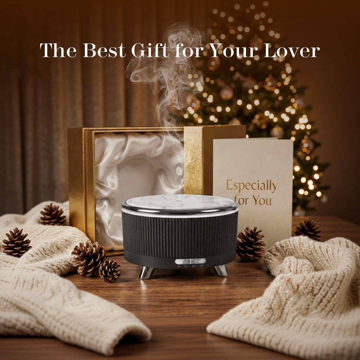 Black ultrasonic aroma diffuser on three metal feet with cover and mist vent opening