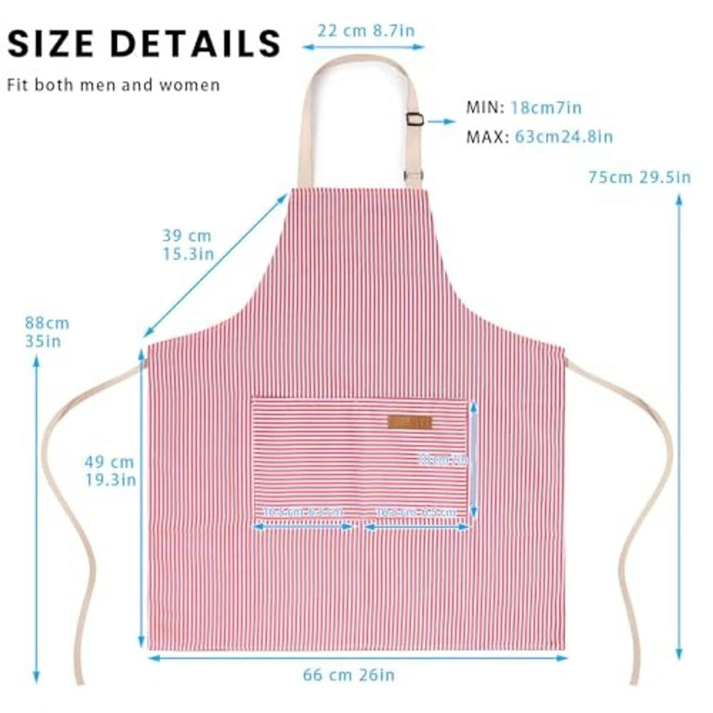 Pink pinstripe adjustable bib apron with front pocket and tie waist
