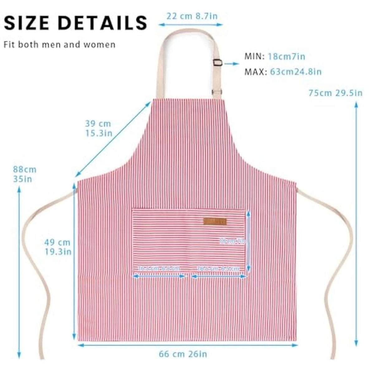 Pink pinstripe adjustable bib apron with front pocket and tie waist