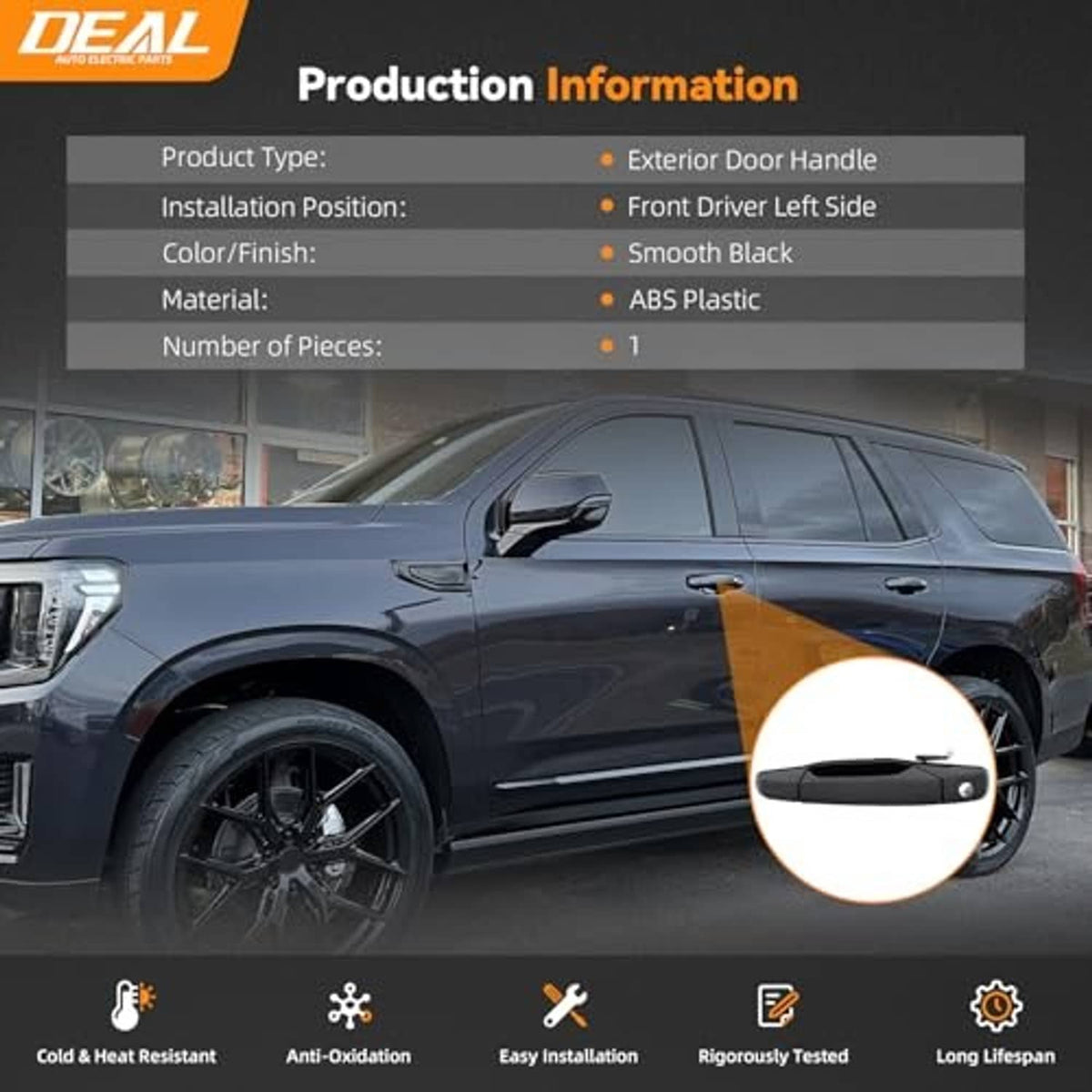 Black front driver-side door handle on vehicle exterior