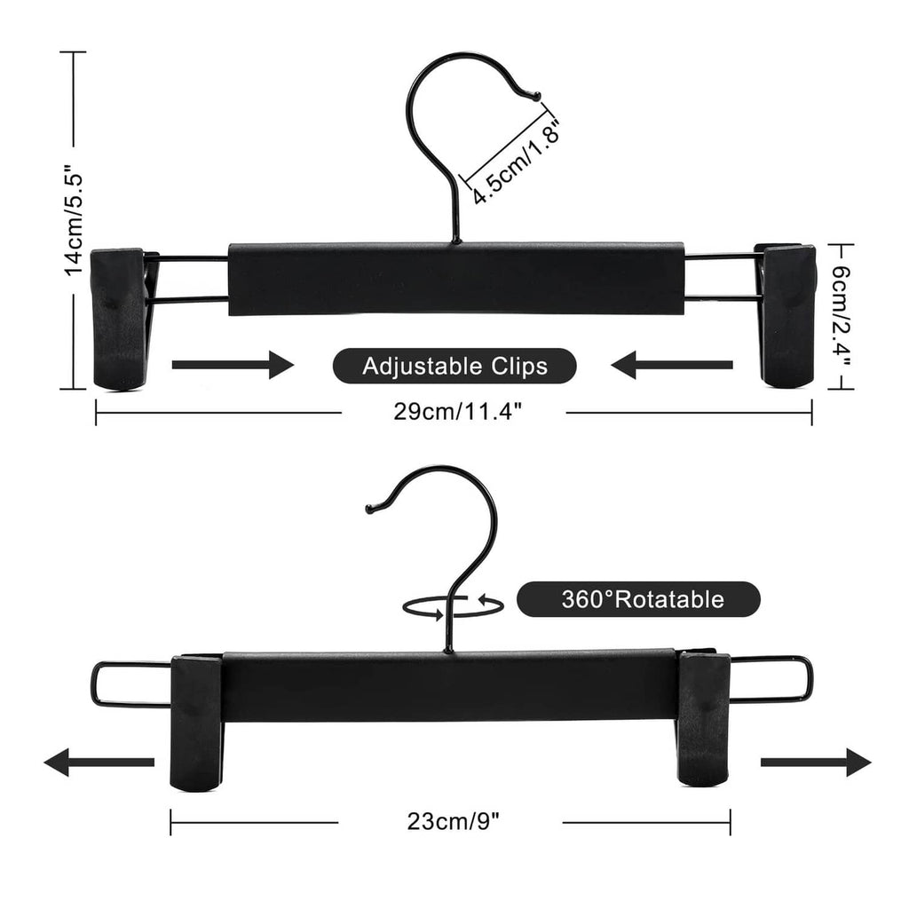 Black pants hanger with adjustable clips, 360° rotatable hook, and non-slip end pads