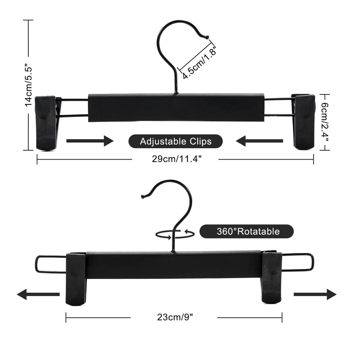 Black pants hanger with adjustable clips, 360° rotatable hook, and non-slip end pads