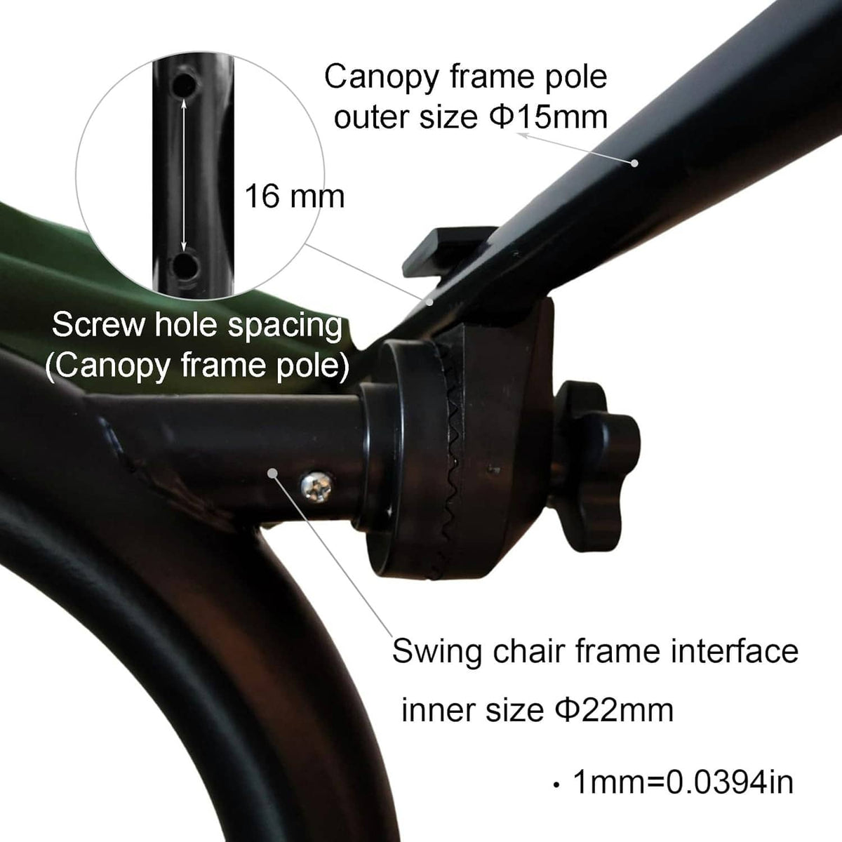 Black plastic connector fitting showing canopy pole screw hole and swing frame interface