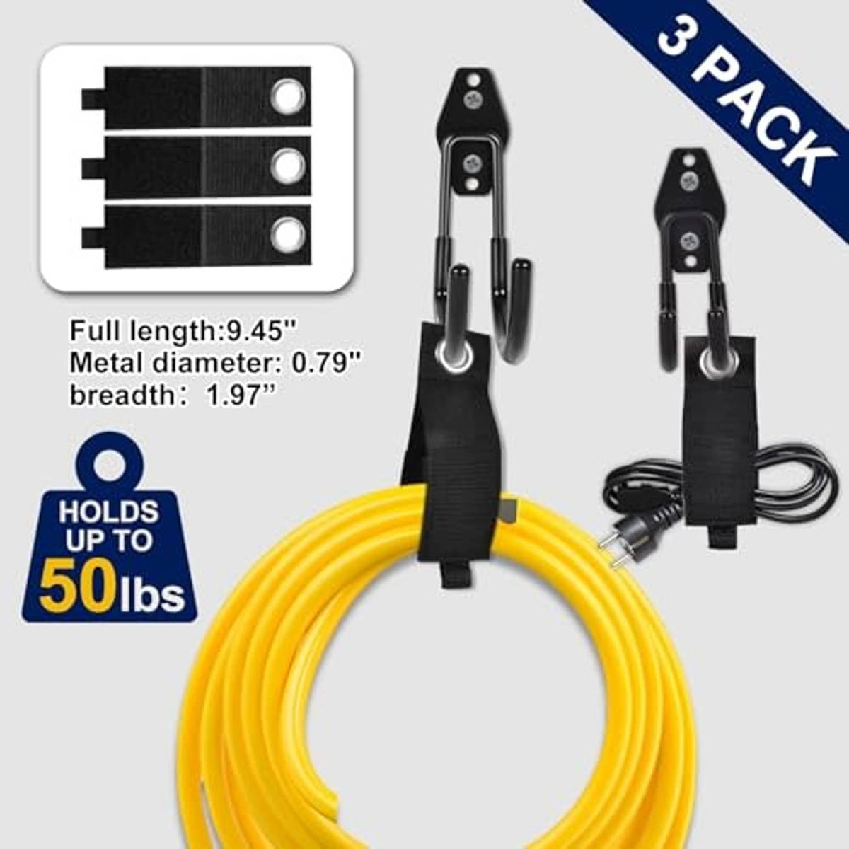Three-pack of black garage hooks with mounting plates and attached yellow cord