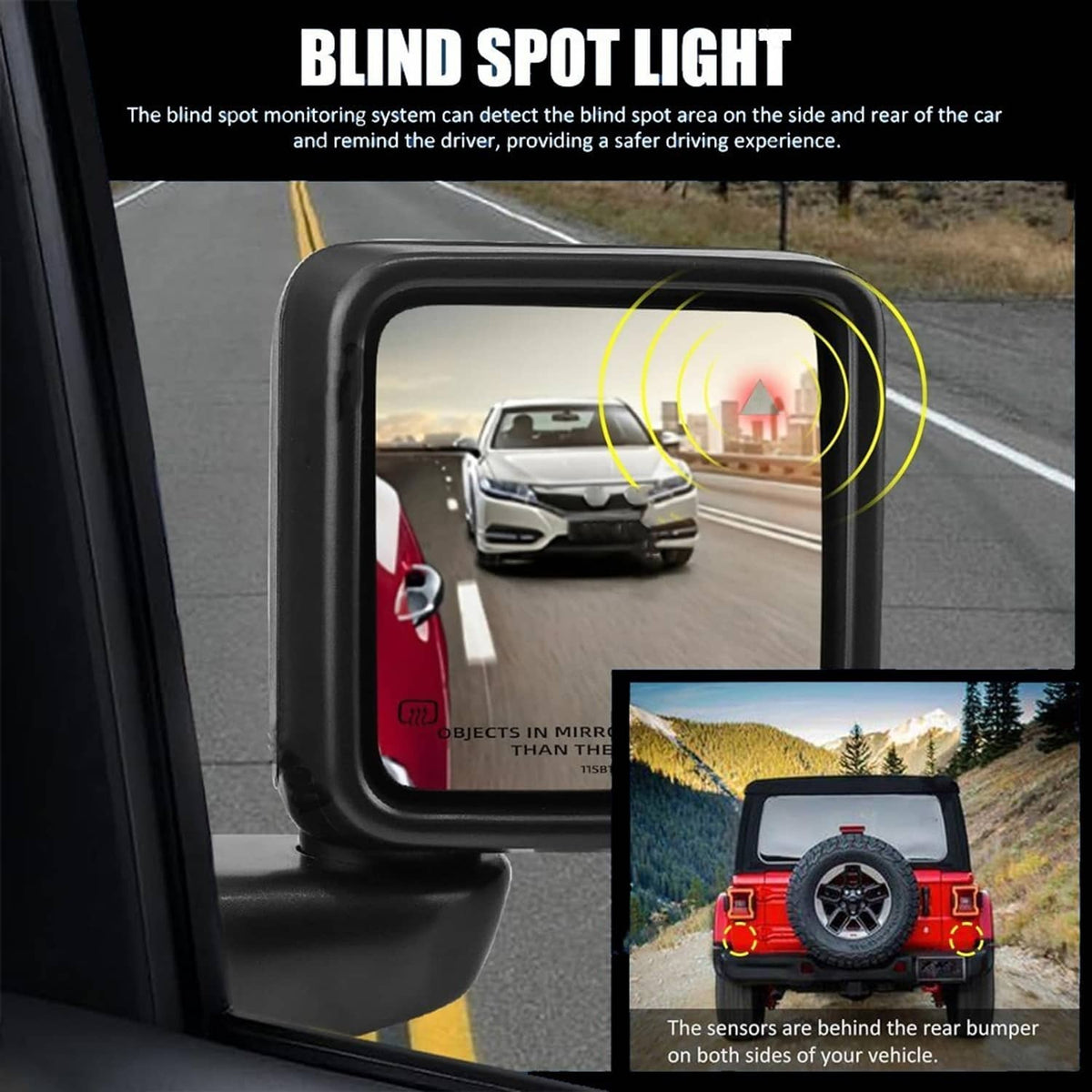 Black rear blind spot mirror with sensors view for safer lane monitoring
