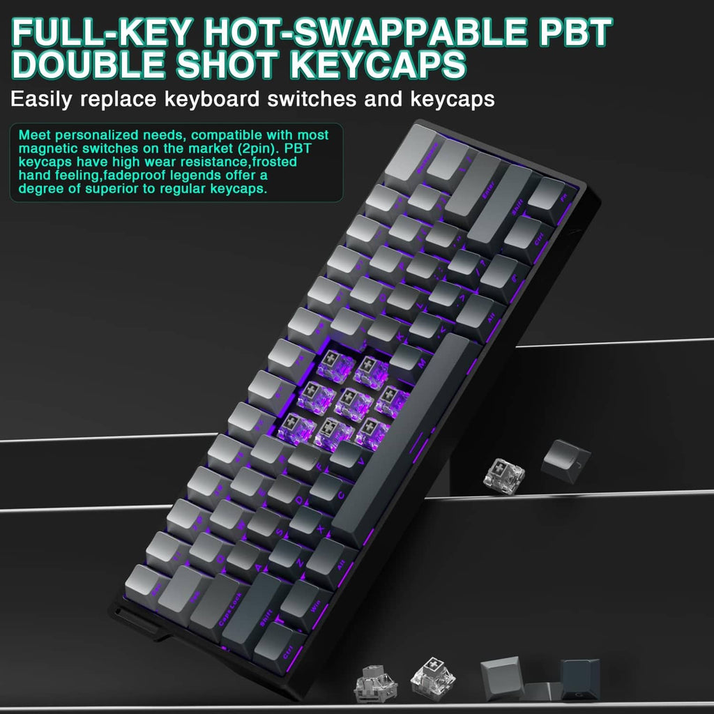 Hot-swappable PBT double-shot keycaps gaming keyboard with gray keys and purple RGB glow.