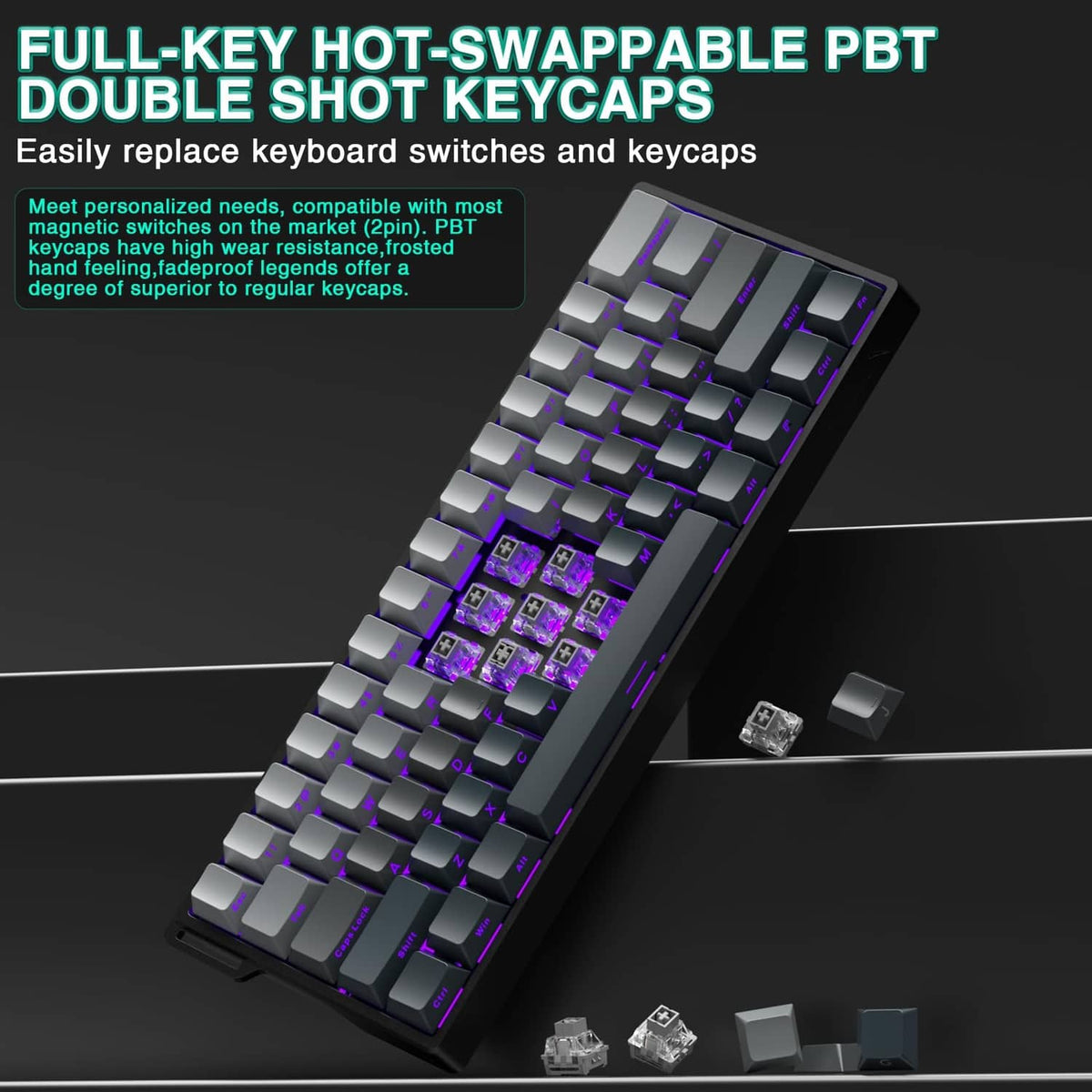 Hot-swappable PBT double-shot keycaps gaming keyboard with gray keys and purple RGB glow.