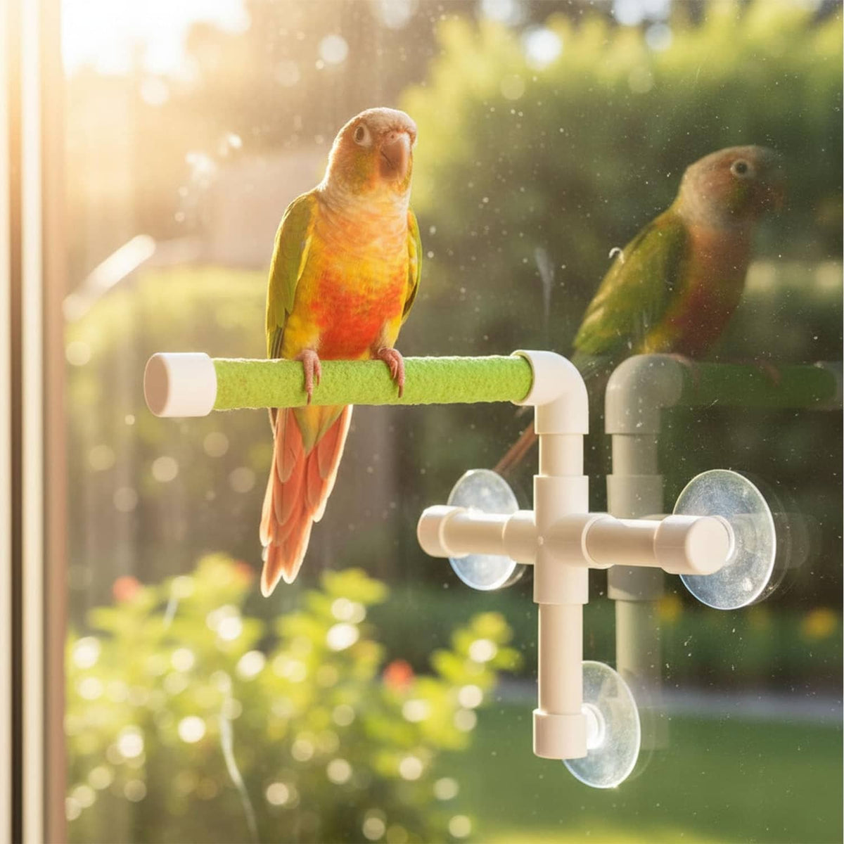 Bird standing on green padded rod of a white suction cup bird window perch.