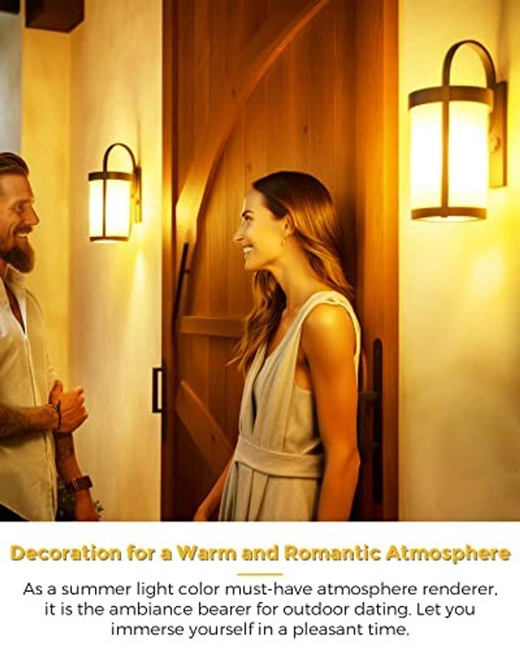 Warm yellow LED porch light bulb illuminating a wall sconce by an entryway