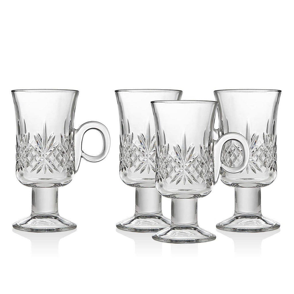 Set of 4 Irish coffee mugs in clear glass, diamond and leaf-like cutwork band