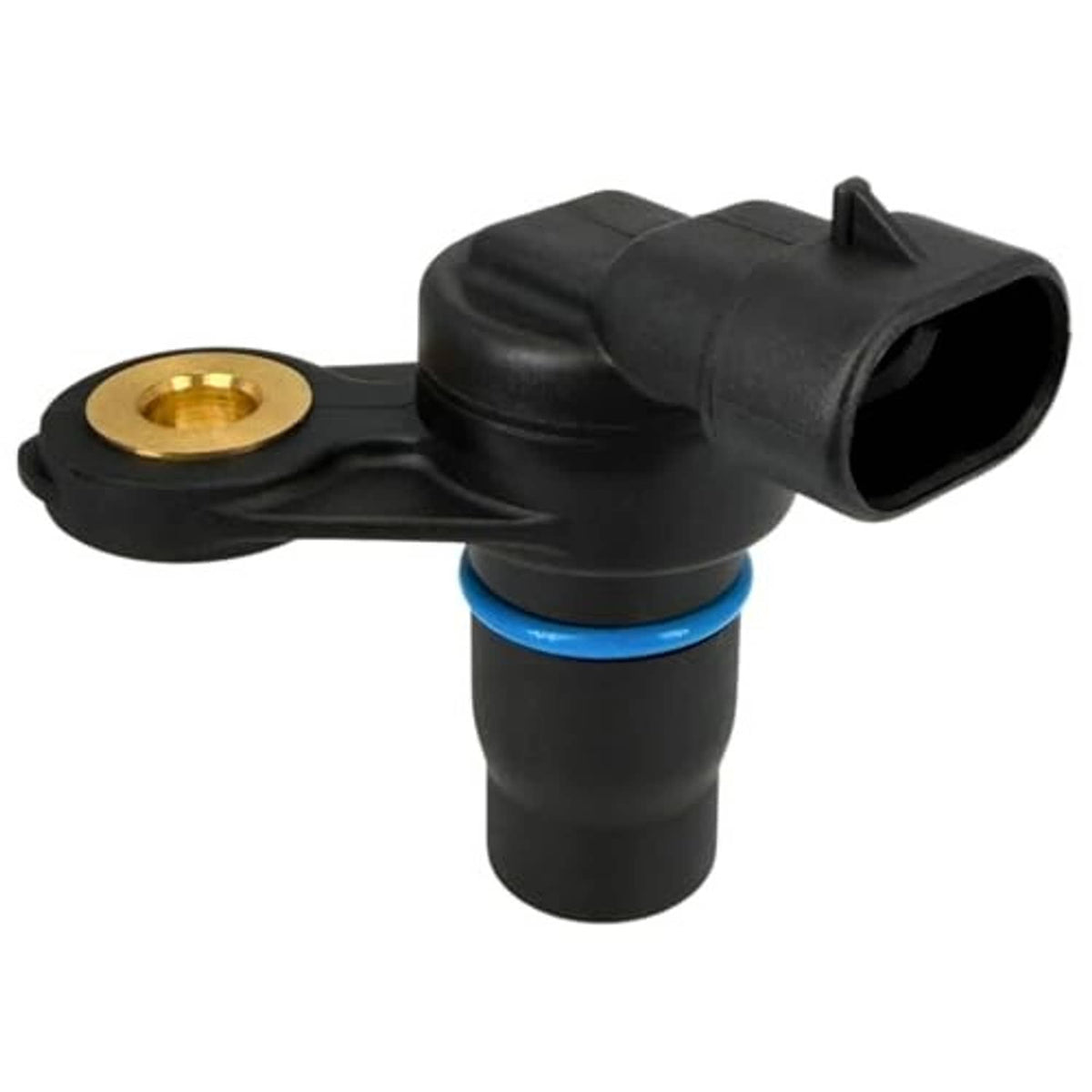Black camshaft position sensor with gold mounting plate and blue O-ring band