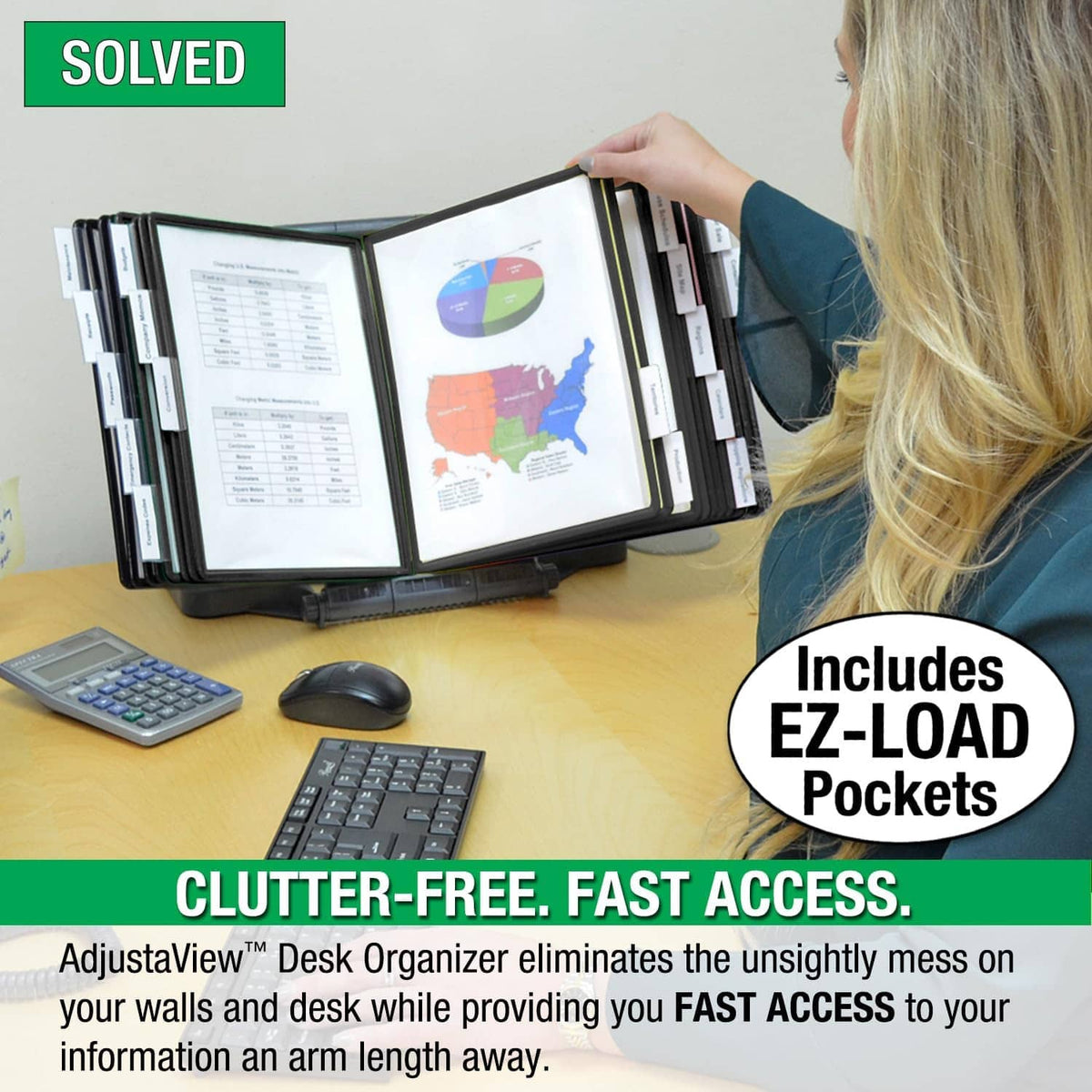Adjustaview desk reference organizer open with clear pockets and paper pages, black
