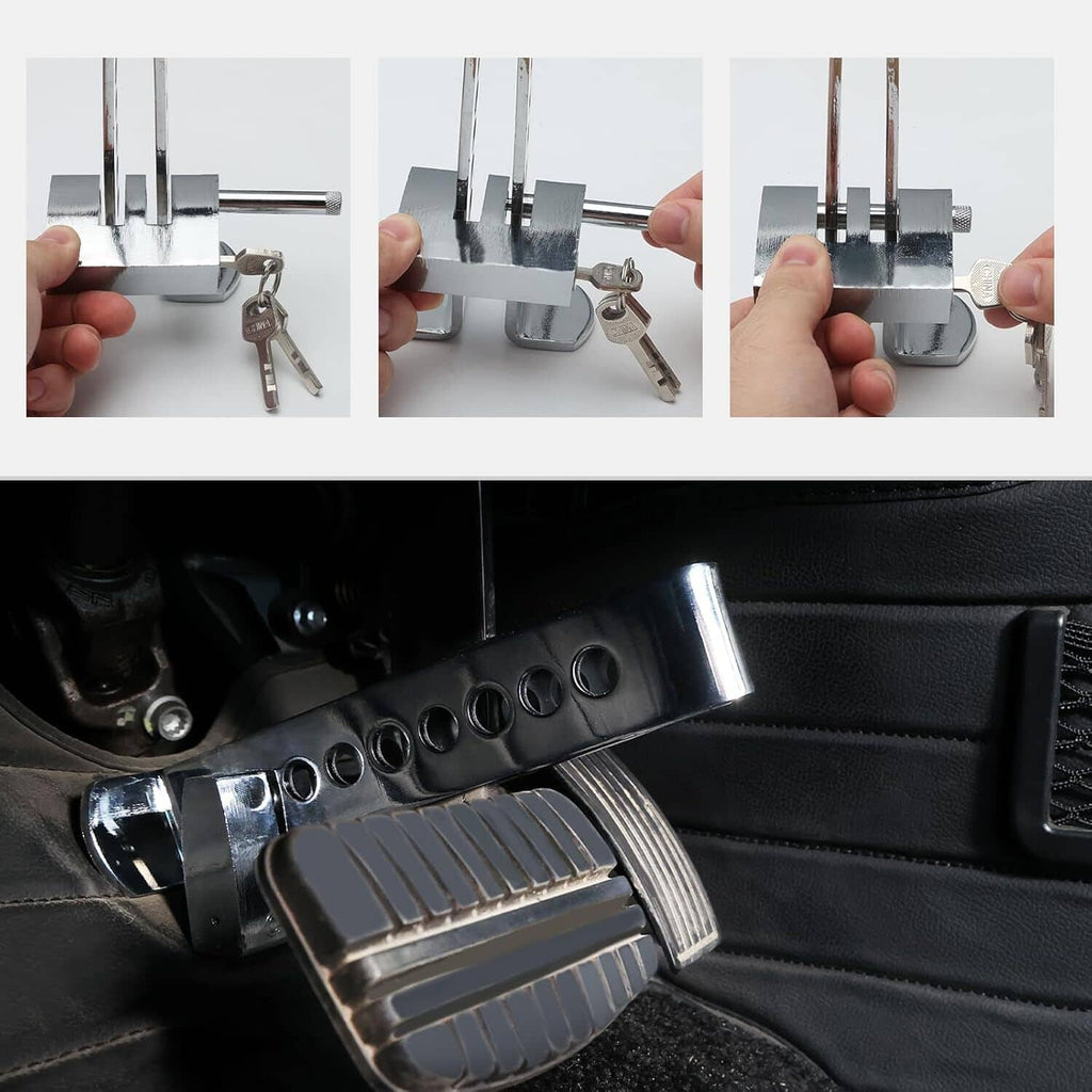 Silver pedal anti-theft lock shown being secured with keys