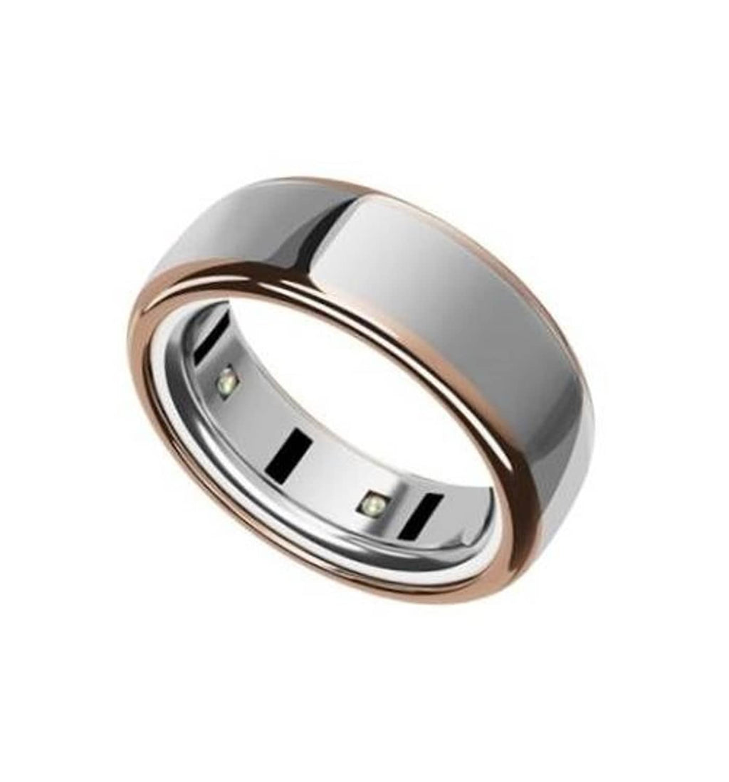 Rose-gold ring cover with brushed silver inner band and cutout window at center