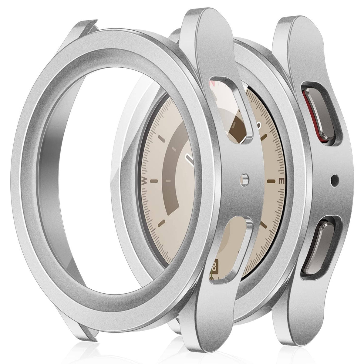 Silver watch case for Galaxy Watch 5 Pro, with clear screen protector