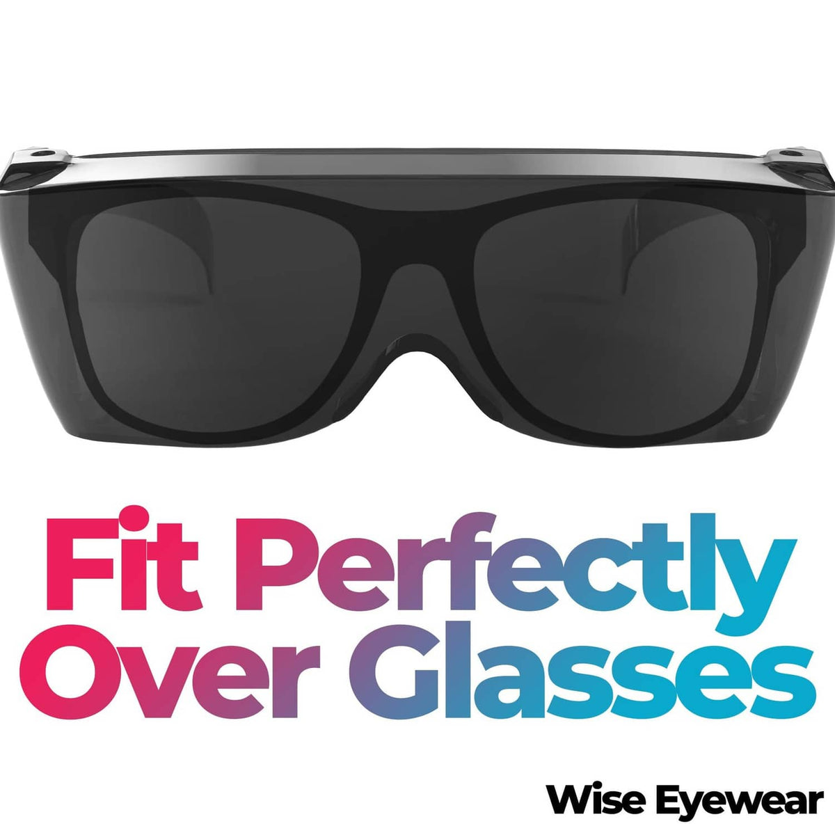 Black wrap-around sunglasses cover-up with dark tinted lenses, front view.