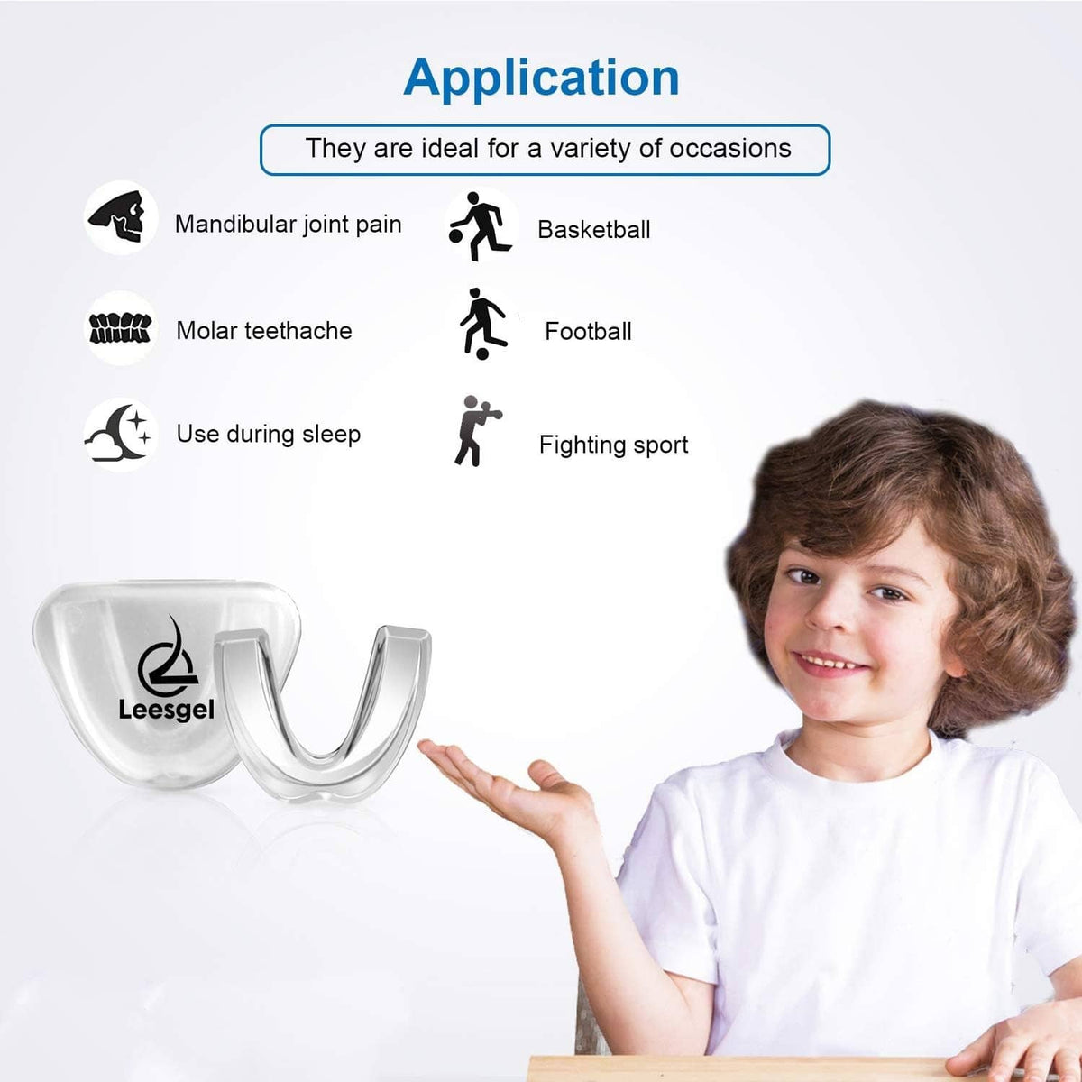 Kids mouth guard shown on a child, with icons for sleep and sports use