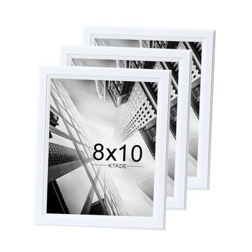 Set of 3 white wooden 8x10 picture frames with clear glass, stacked view