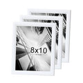 Set of 3 white wooden 8x10 picture frames with clear glass, stacked view