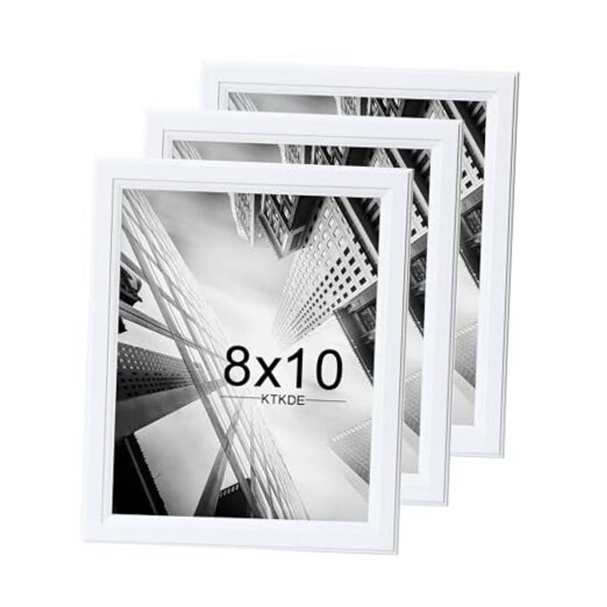 Set of 3 white wooden 8x10 picture frames with clear glass, stacked view